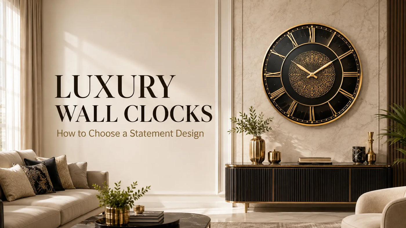 Luxury black-and-gold wall clock displayed above a ribbed console in an elegant beige living room, beside the text “Luxury Wall Clocks: How to Choose a Statement Design”.