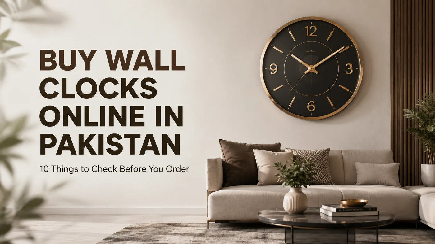 Modern wall clock in an elegant living room for buying wall clocks online in Pakistan