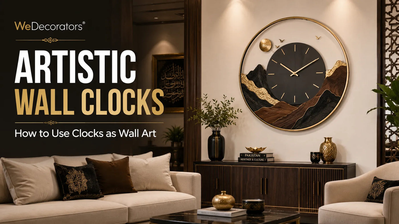 Artistic wall clock displayed as statement wall art above a walnut console in a modern beige and gold living room.
