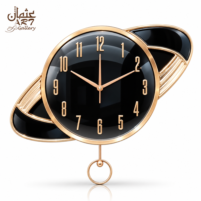 Orbit pendulum wall clock with black dial and rose gold decorative frame