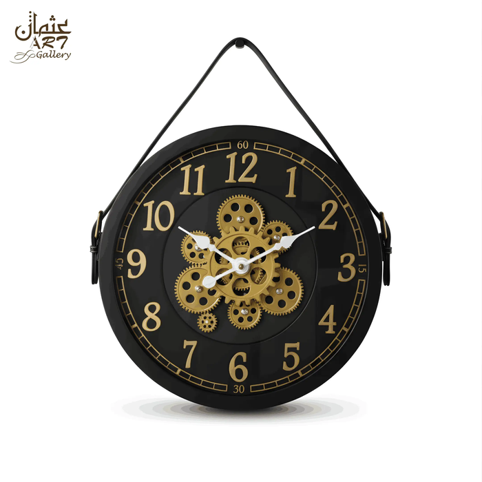 Black and gold hanging gear wall clock with exposed centre gears