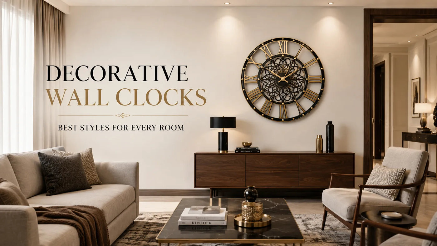 Decorative black and gold Roman numeral wall clock above a walnut console in a warm contemporary living room.
