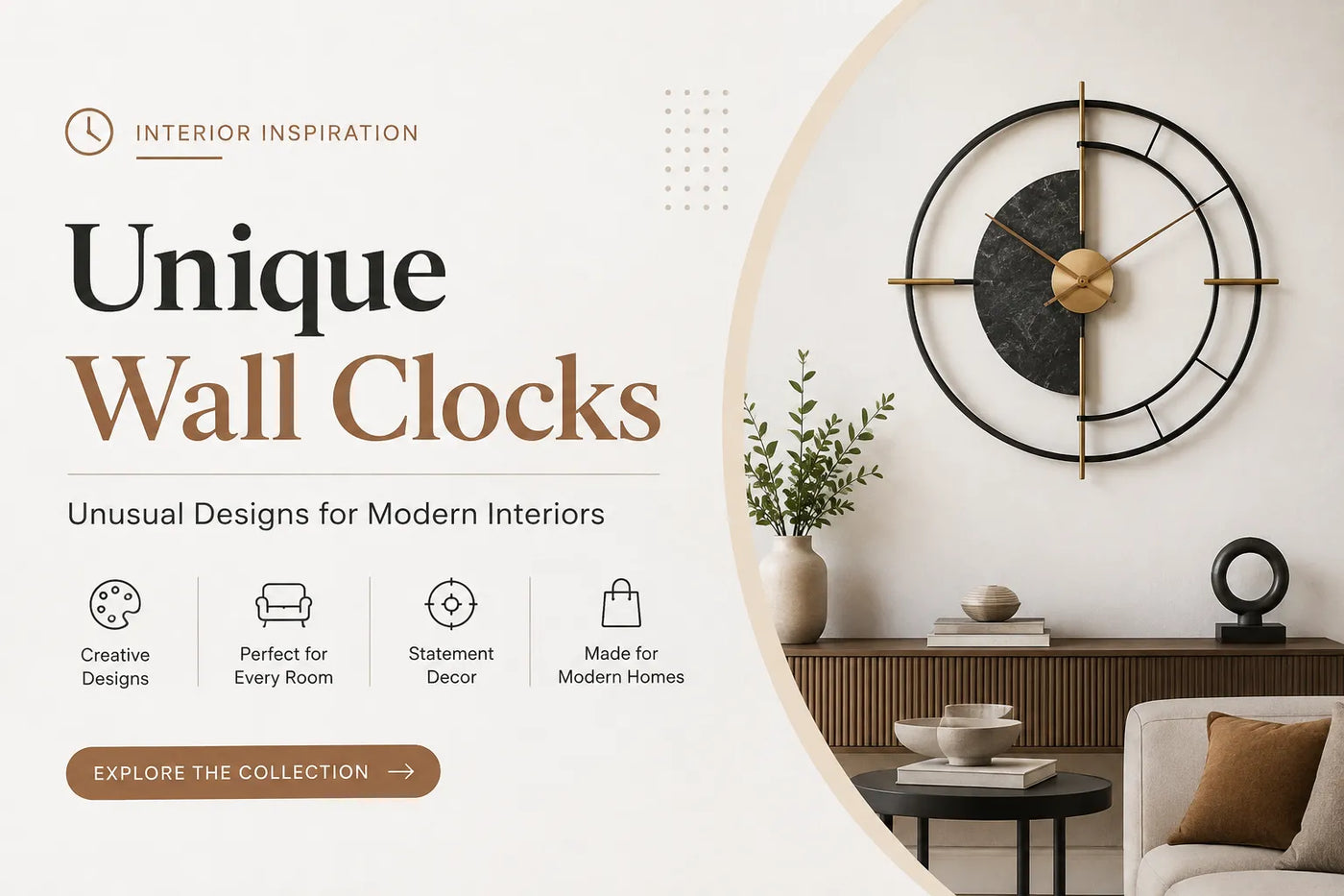 Unique wall clocks banner featuring a modern statement clock in a minimalist contemporary interior