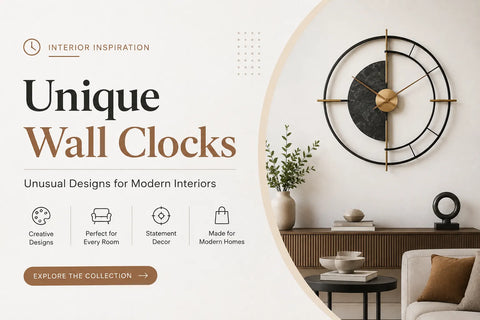 Unique wall clocks banner featuring a modern statement clock in a minimalist contemporary interior
