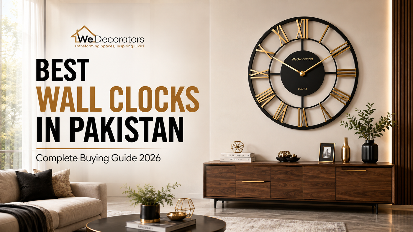 Large black and gold wall clock displayed in a modern beige living room with Best Wall Clocks in Pakistan buying guide text.