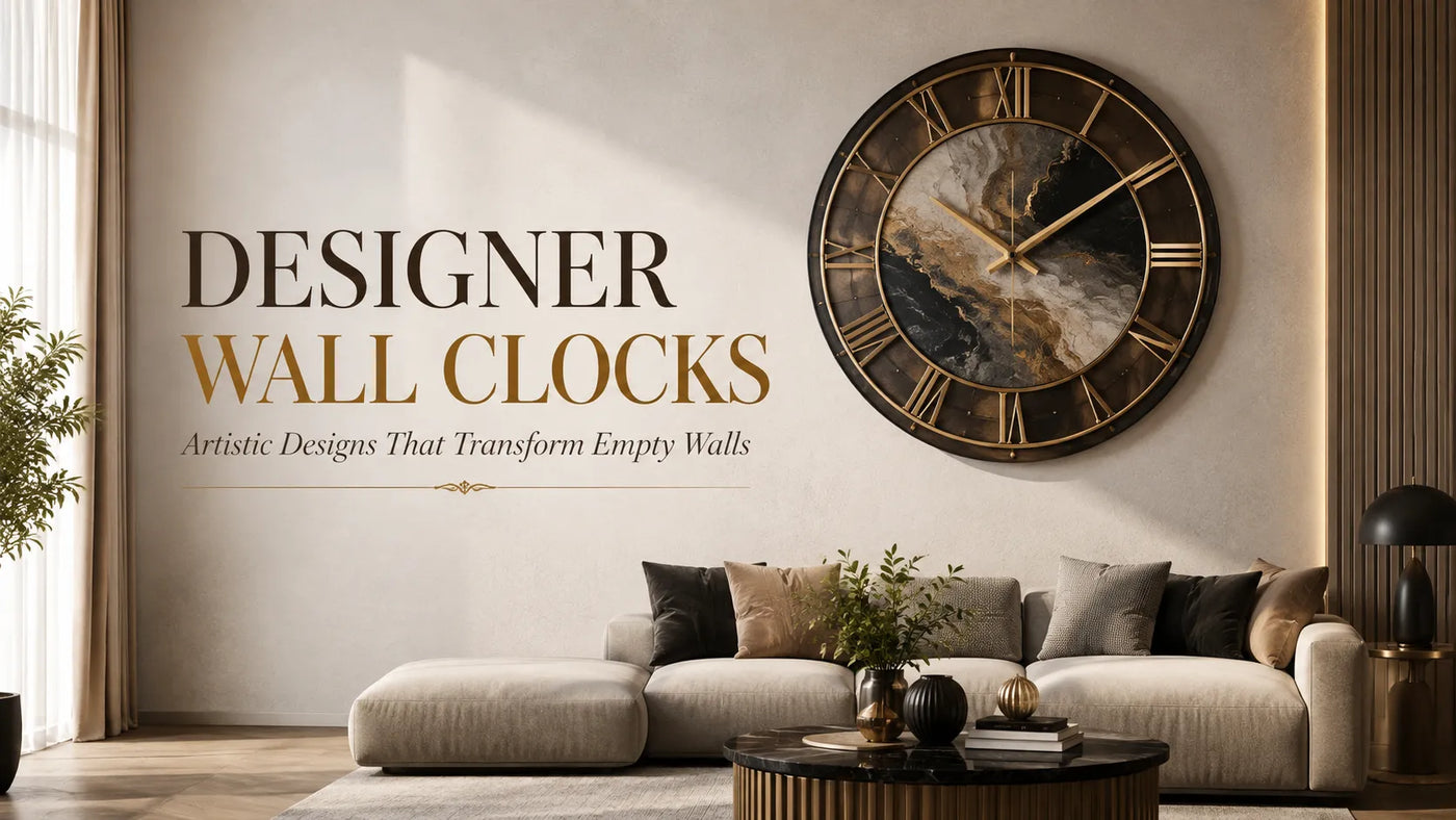 **Recommended ALT text:**  `Designer wall clock in an elegant modern living room, transforming an empty wall with artistic luxury decor`