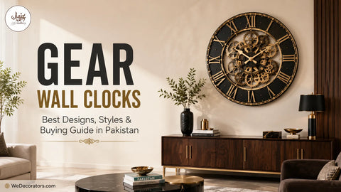 Black and gold gear wall clock displayed in a modern Pakistani living room with Roman numerals and decorative exposed gears