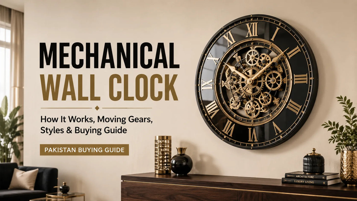 Mechanical wall clock with exposed gears and Roman numerals in a modern Pakistani living room