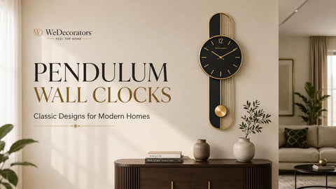 Black and gold pendulum wall clock styled in a modern living room