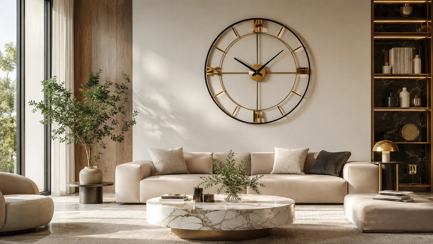 Premium wall clock in a modern luxury living room above a beige sofa with elegant gold accents and contemporary home decor.