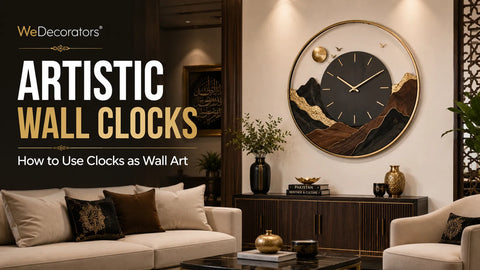 Artistic wall clock displayed as statement wall art above a walnut console in a modern beige and gold living room.