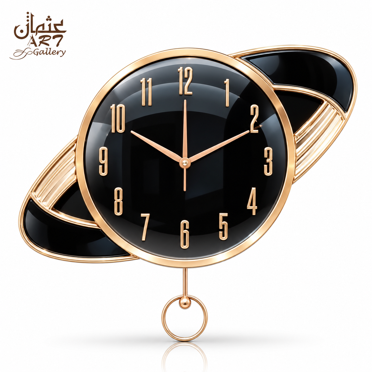 Orbit pendulum wall clock with black dial and rose gold decorative frame
