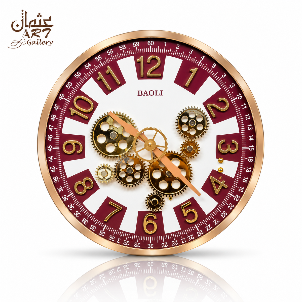 Precision gear wall clock with burgundy white dial and gold-tone frame