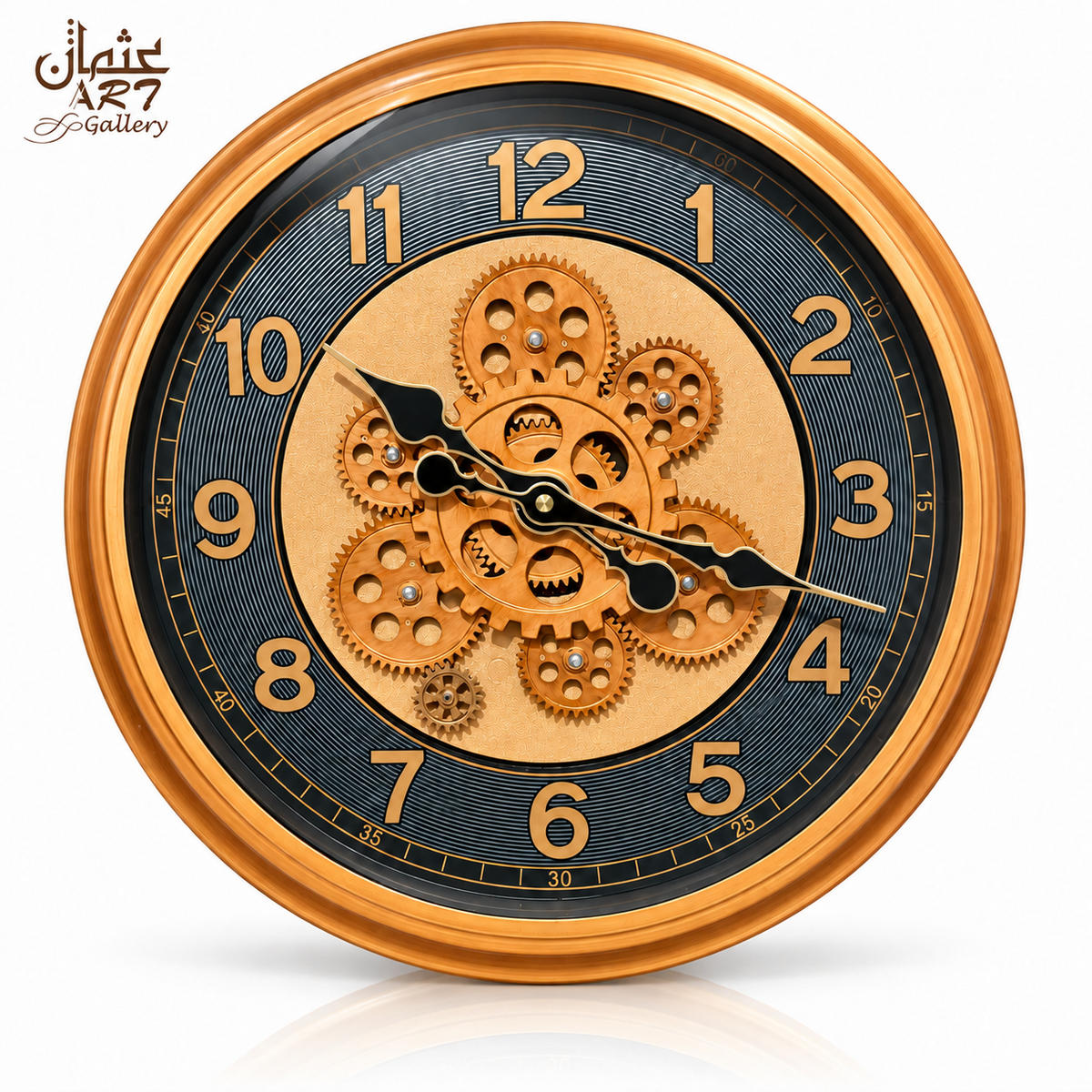 Heritage gear wall clock with copper frame black dial and gold gear centre