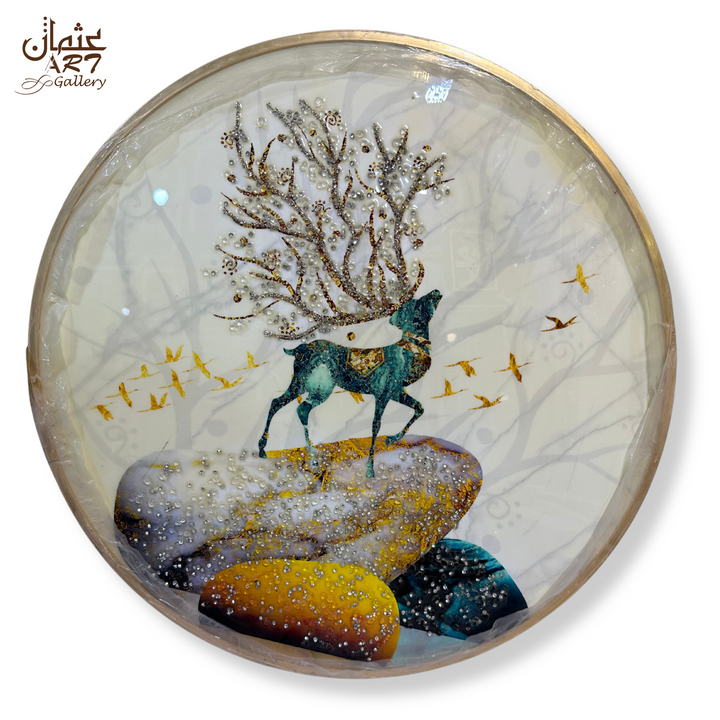 Majestic Deer Resin Artwork with Golden Birds