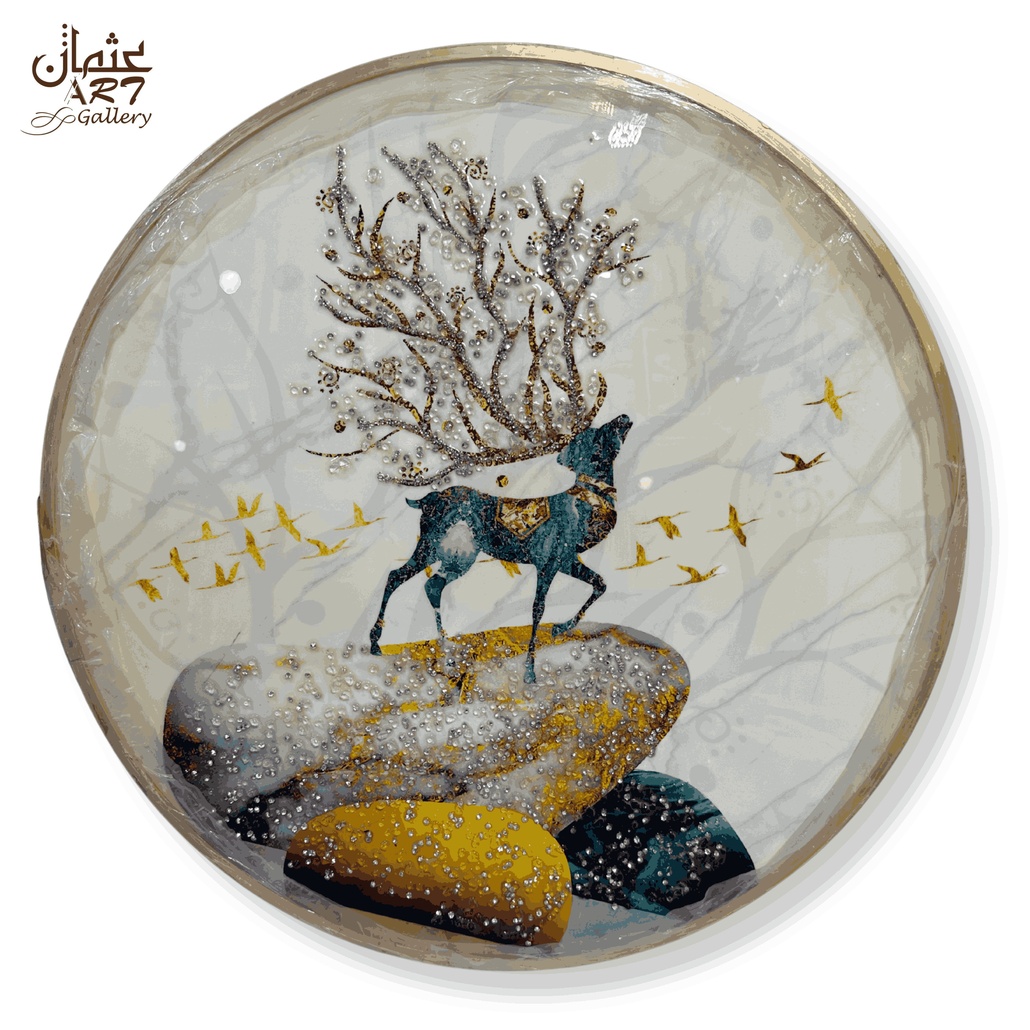 Majestic Deer Resin Artwork with Golden Birds