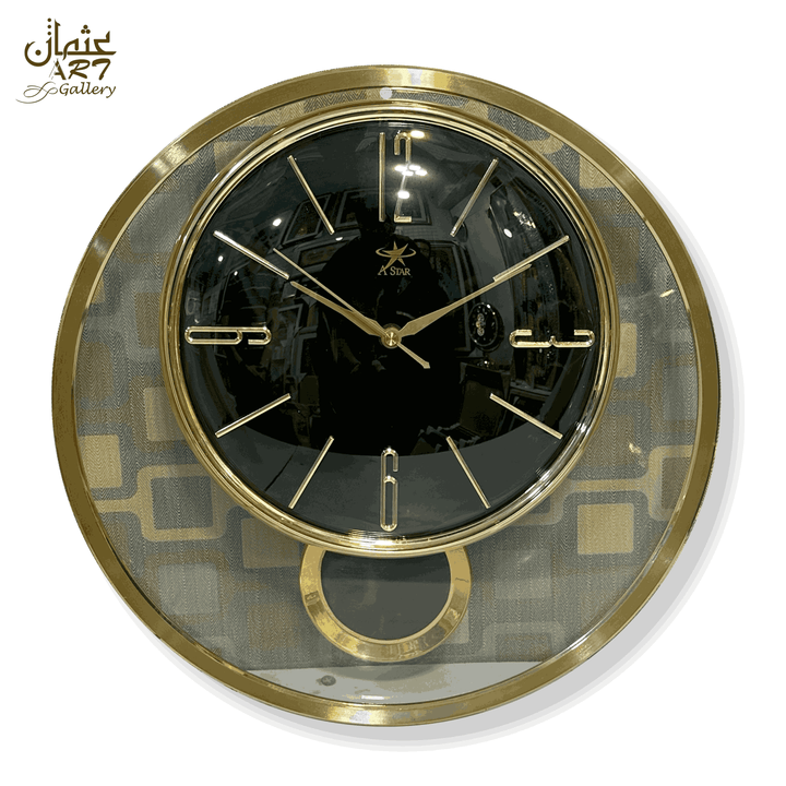 Black and gold round wall clock with visible decorative pendulum element